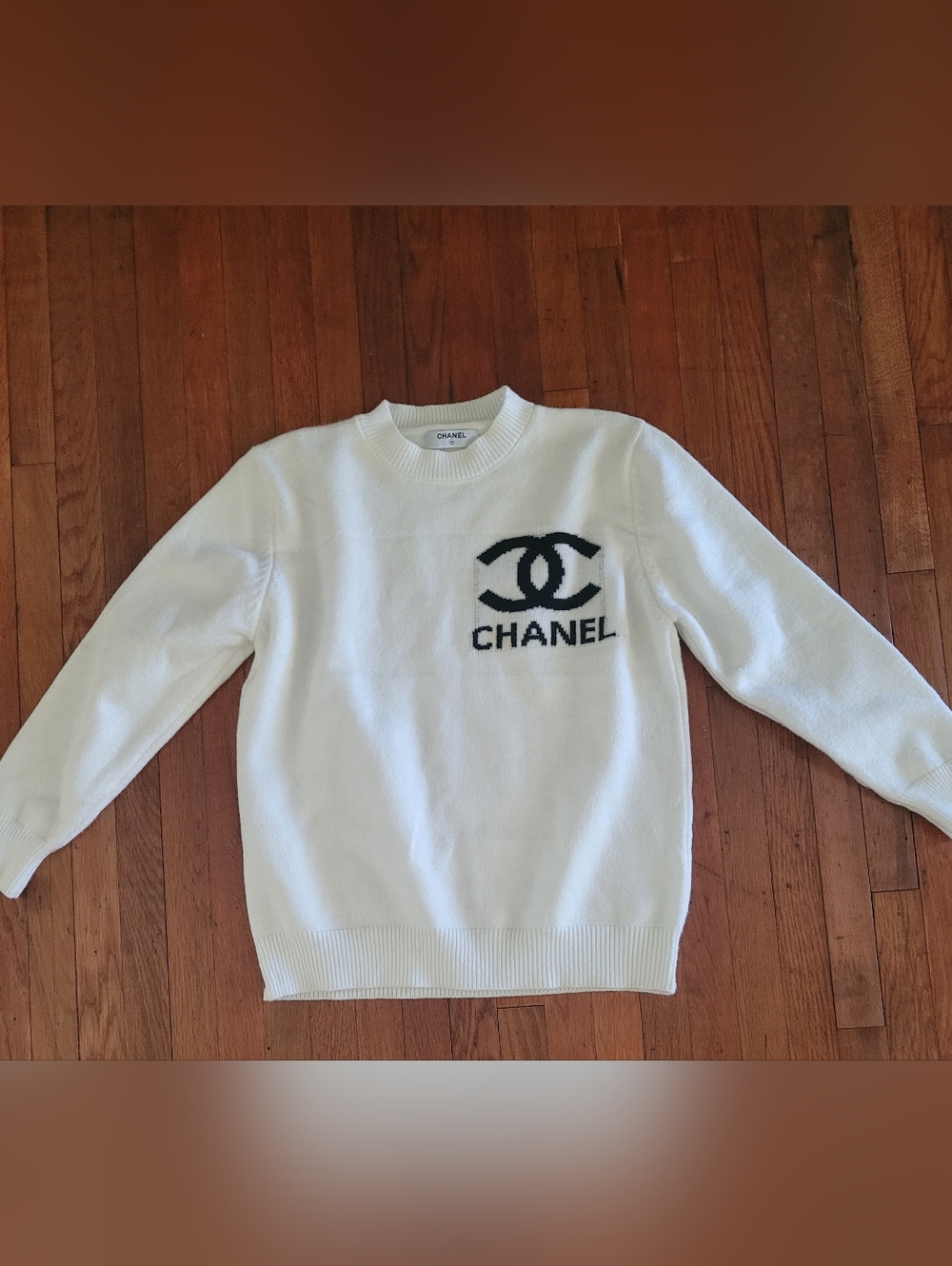CHANEL White Crewneck Sweater with Black Logo